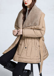 Khaki Tie Waist Duck Down Down Jacket Peter Pan Collar Winter