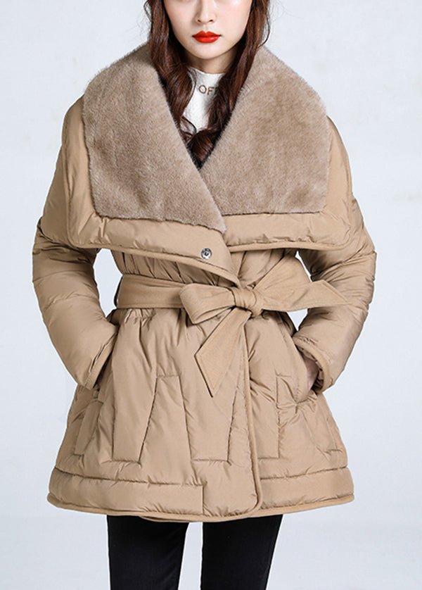 Khaki Tie Waist Duck Down Down Jacket Peter Pan Collar Winter