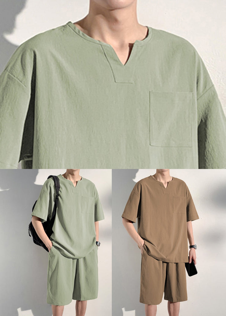 Khaki V Neck Men T Shirt And Shorts Two Pieces Set Short Sleeve