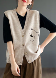 Khaki Warm Knit Beach Vest V Neck Bear Jacquard Winter