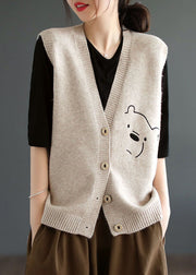 Khaki Warm Knit Beach Vest V Neck Bear Jacquard Winter