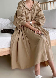 Khaki Wrinkled Cotton Dresses Oversized Exra Large Hem Lantern Sleeve