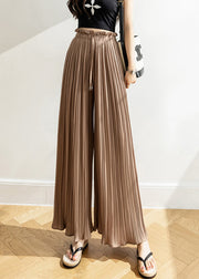 Khaki Wrinkled Lace Up Chiffon Wide Leg Pants High Waist