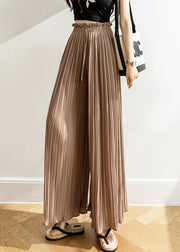 Khaki Wrinkled Lace Up Chiffon Wide Leg Pants High Waist