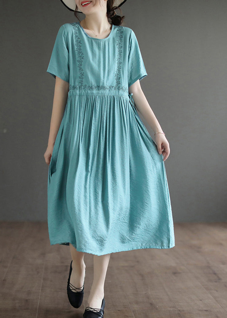 Lake Blue Cotton Maxi Dress Embroideried Summer