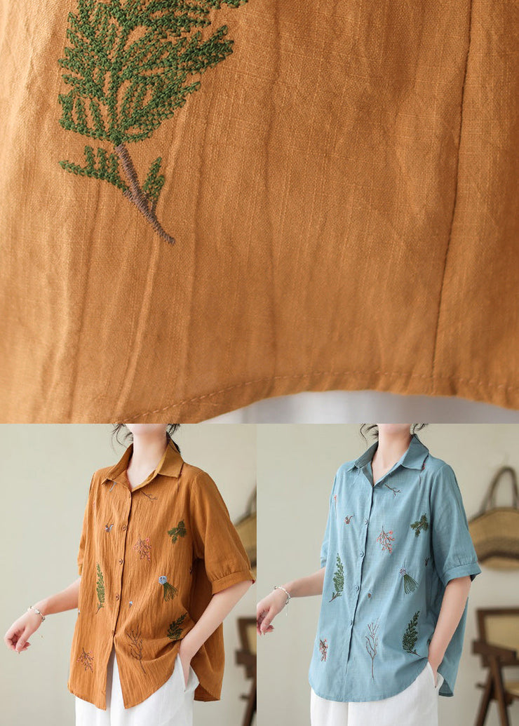 Lake Blue Cotton Shirt Peter Pan Collar Embroideried Summer