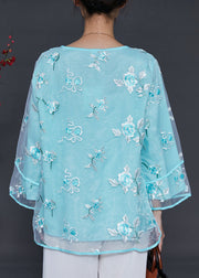 Lake Blue Organza Shirt Top Embroidered Summer