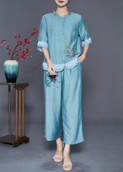 Lake Blue Patchwork Linen Silk Two Piece Set Women Clothing Embroideried Summer