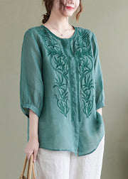 Lake Green Loose Linen Blouse Tops Embroideried Bracelet Sleeve