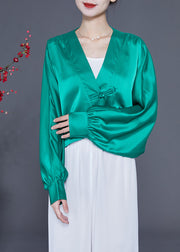 Lake Green Oversized Silk Blouses V Neck Chinese Button Spring