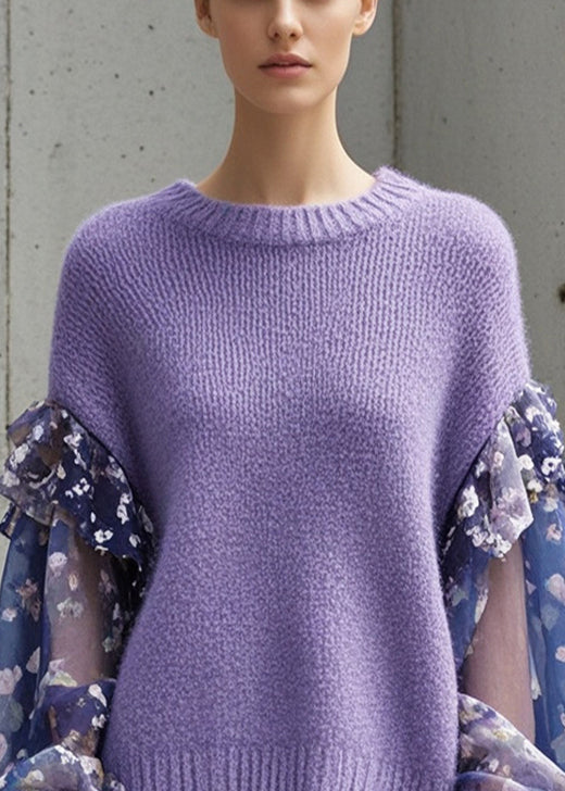 Lavender Patchwork Knitted Tops Oversized Fall