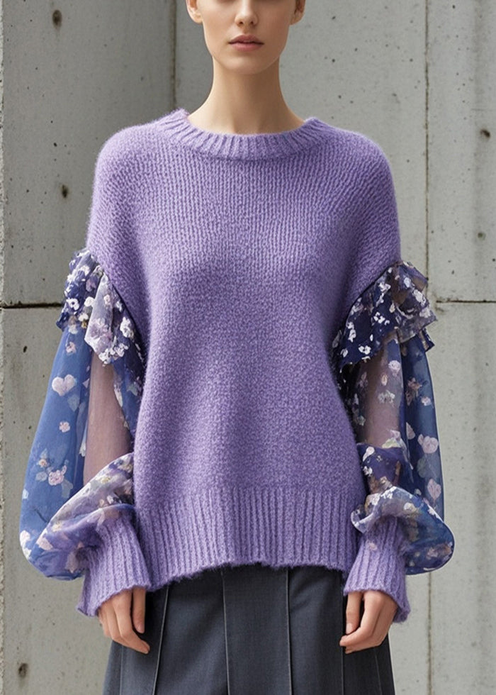 Lavender Patchwork Knitted Tops Oversized Fall