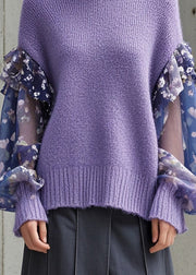 Lavender Patchwork Knitted Tops Oversized Fall