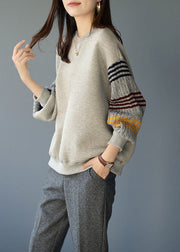 Lazy Grey O-Neck Striped Knit Patchwork Cotton Sweatshirt Long Sleeve