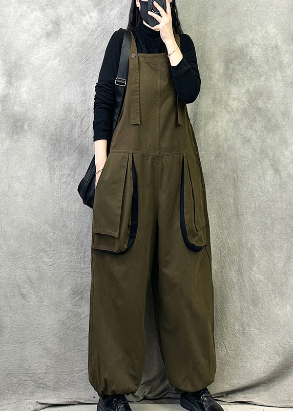 Leisure Khaki Pockets Patchwork Shoulder Straps Pants For Spring