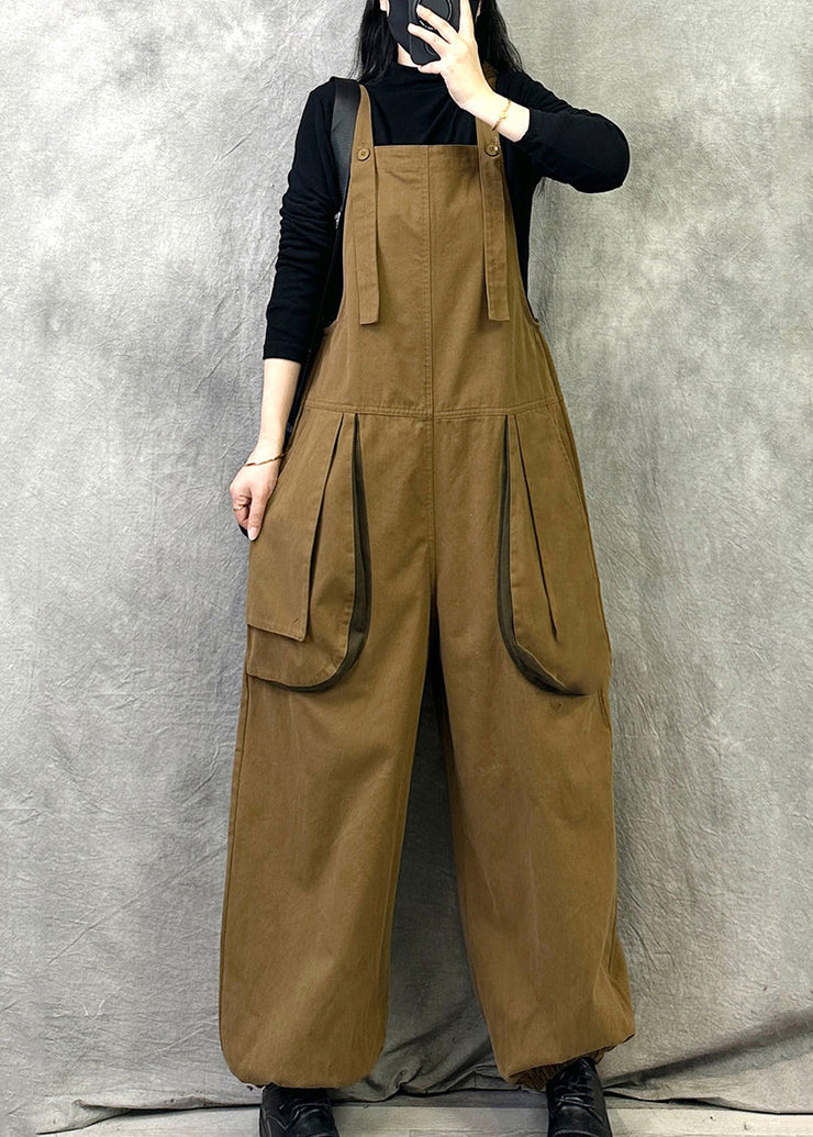 Leisure Khaki Pockets Patchwork Shoulder Straps Pants For Spring