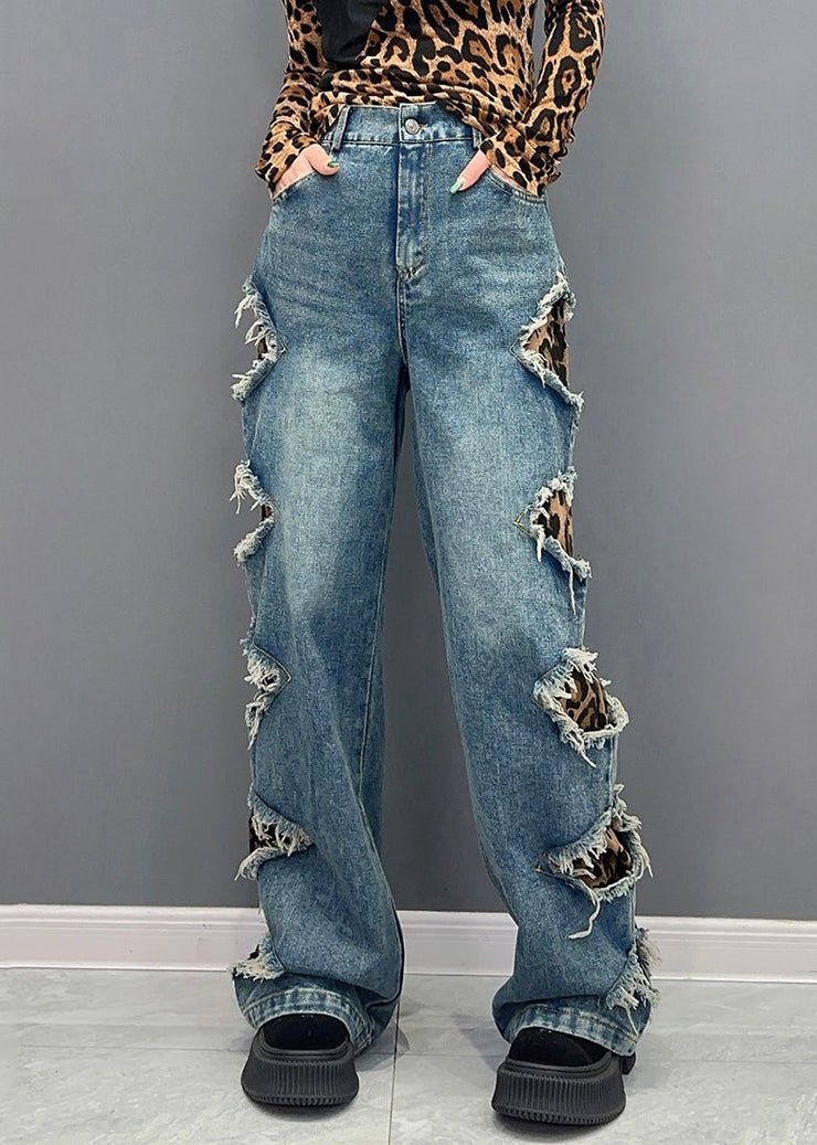 Leopard Pockets Patchwork Denim Pants High Waist