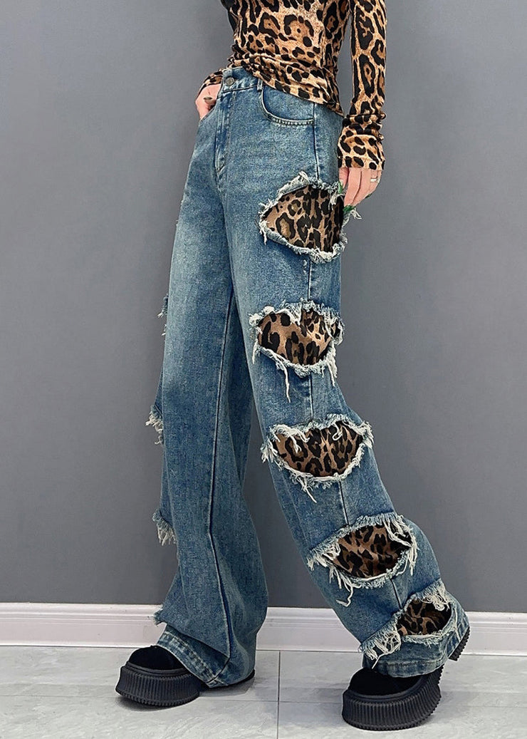 Leopard Pockets Patchwork Denim Pants High Waist