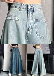 Light Blue Button Denim Wide Leg Pants Tasseled