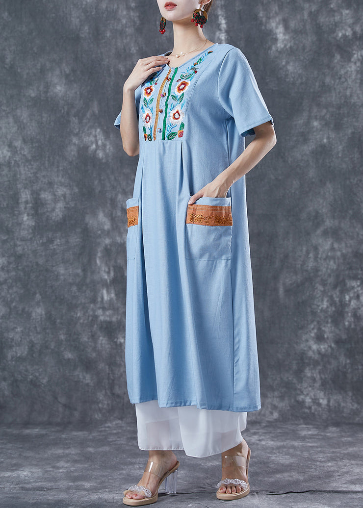 Light Blue Patchwork Linen Long Dress Embroideried Summer