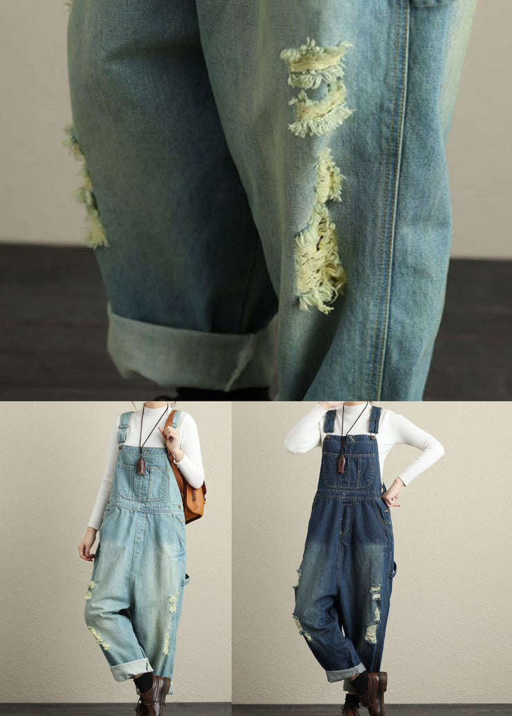 Light Blue Patchwork Ripped Jeans Jumpsuits Spring