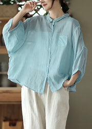 Light Blue Peter Pan Solid Ramie Shirt Spring