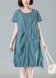 Light Blue Pockets Denim Dresses O Neck Short Sleeve