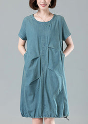 Light Blue Pockets Denim Dresses O Neck Short Sleeve