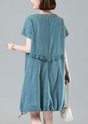 Light Blue Pockets Denim Dresses O Neck Short Sleeve