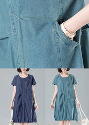 Light Blue Pockets Denim Dresses O Neck Short Sleeve