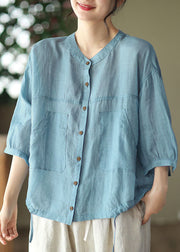 Light Blue Pockets Linen Shirt Tops Solid Color Drawstring Bracelet Sleeve