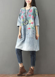 Light Blue Pockets Print Denim Mid Dress O Neck Summer