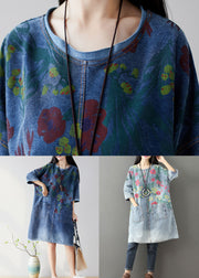 Light Blue Pockets Print Denim Mid Dress O Neck Summer