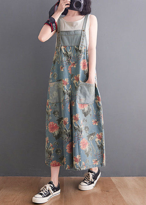 Light Blue Print Patchwork Denim Jumpsuit Pockets Summer