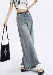 Light Blue Tasseled Pockets Wide Leg Pants Zippered