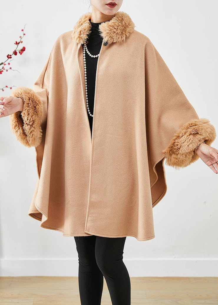 Light Camel Woolen Trench Oversized Fur Collar Batwing Sleeve