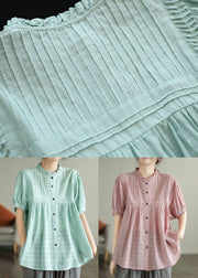 Light Green Patchwork Cotton Shirts Top Wrinkled Button Summer