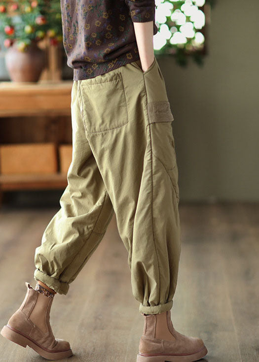 Light Green Patchwork Fine Cotton Filled Harem Pants Oversized Thick Winter