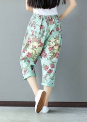 Light Green Print Cotton Pants High Waist Oversized Spring