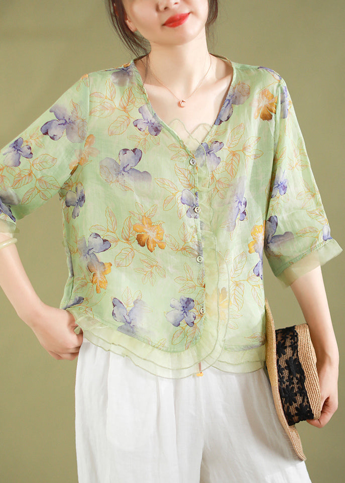 Light Green Print Patchwork Linen Shirt Top V Neck Half Sleeve