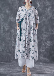 Light Grey Print Linen Long Dress V Neck Lace Up Summer