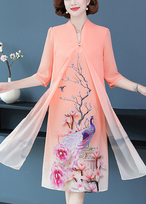 Light Orange Print Chiffon Dress Stand Collar Half Sleeve