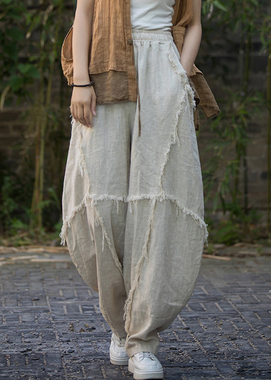 Linen Solid Pockets Linen Lantern Pants Elastic Waist