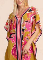 Long Kaftan Bohemian Printed Bikini Cover Ups Sexy Yellow V Neck