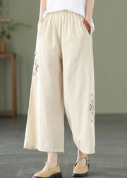 Loose Apricot Embroidered High Waist Cotton Crop Pants Summer