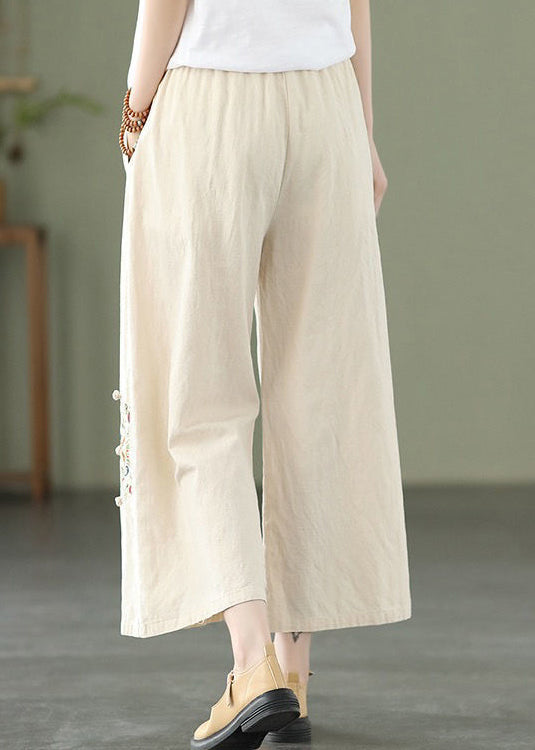 Loose Apricot Embroidered High Waist Cotton Crop Pants Summer