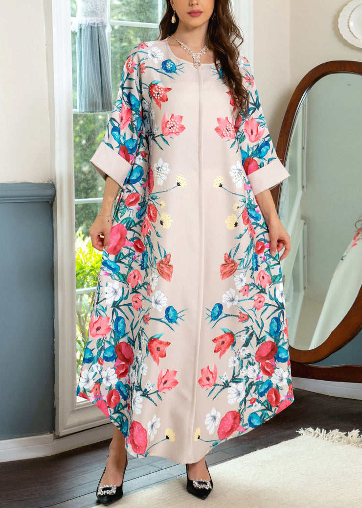 Loose Apricot O Neck Print Cotton Robe Dresses Spring