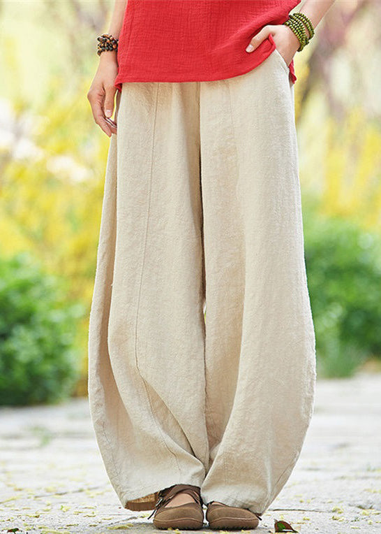 Loose Apricot Pockets Elastic Waist Linen Pants Summer