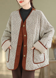 Loose Apricot Print Pockets Patchwork Warm Fleece Coat Winter