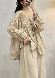 Loose Apricot V Neck Wrinkled Button Cotton Shirts Fall